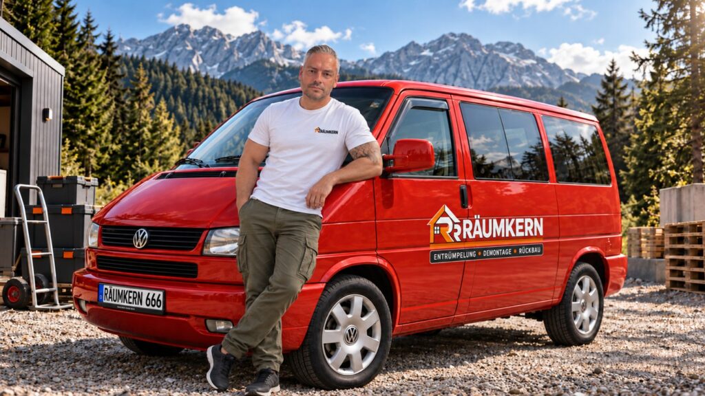 Patric Hofmann im weißen Räumkern-Shirt und olivgrüner Cargohose vor dem roten Räumkern-Bus